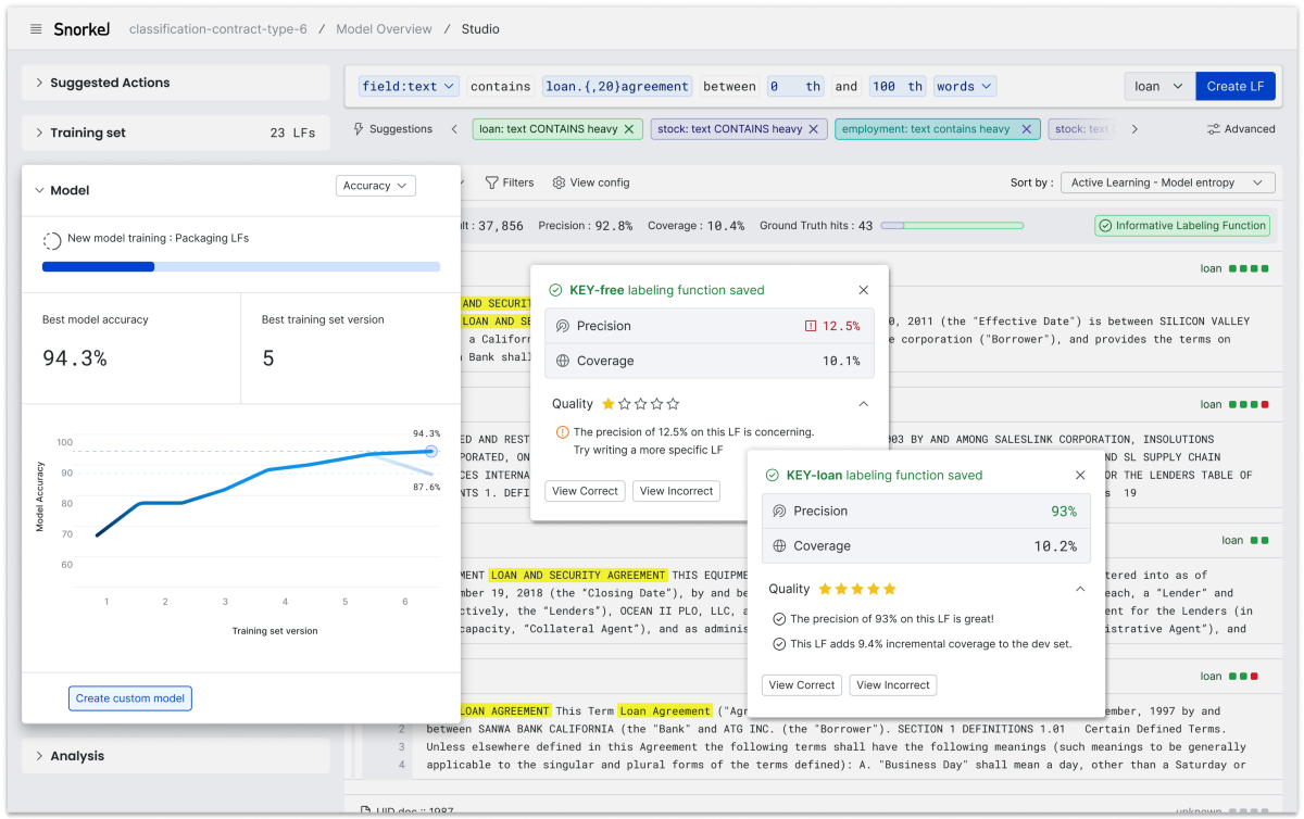 Spring Snorkel Flow realease: The Snorkel Flow Spring 2022 Release is out. Immediate quality feedback for labeling functions. Faster model-based feedback on training sets. Active learning + Programmatic labeling = 10x faster development.