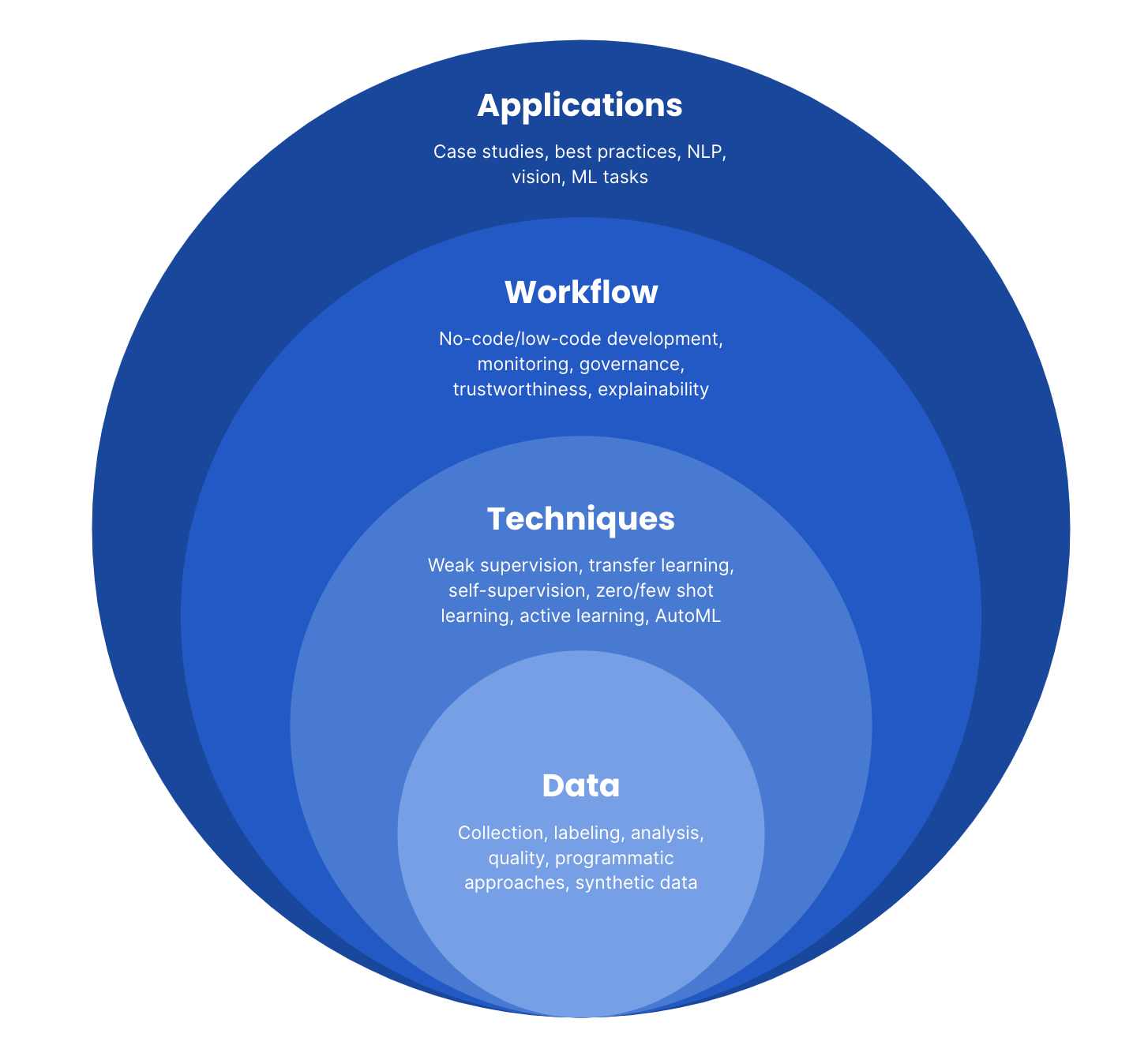 The topics discussed at the future of data-centric AI include applications, workflow, techniques, and data.