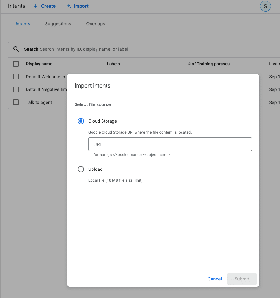 An image of importing an annotated dataset into Google Dialogflow