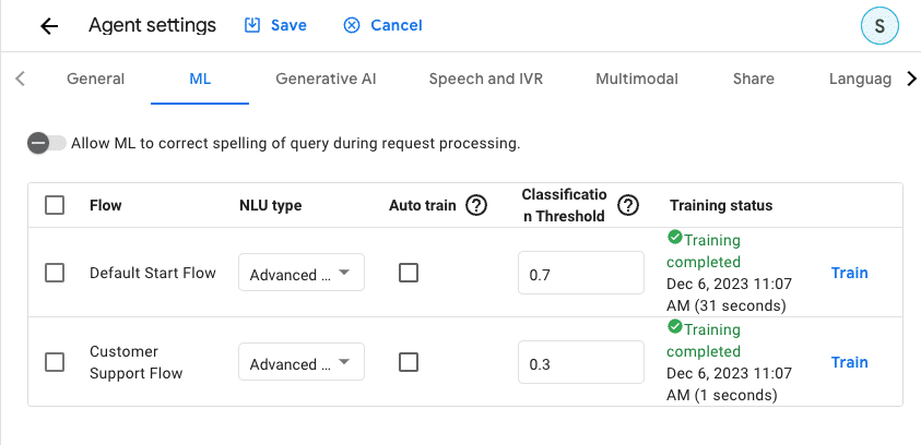 A screenshot of training a model in Google Dialogflow 