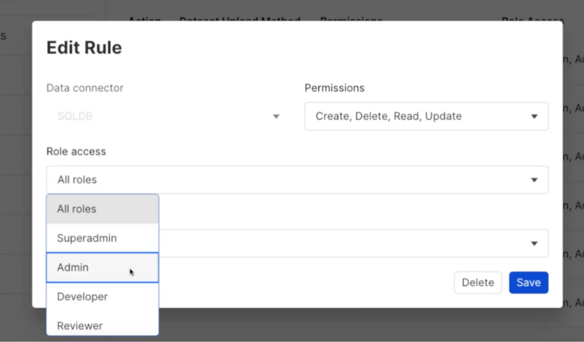 Editing a rule using Snorkel Flow's Role Based Access Control utilities.